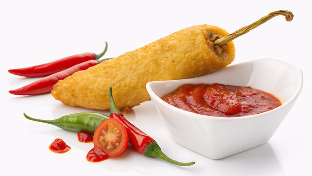 Golden mirchi bajji dipped halfway in bright red chutney, isolated on white background, clean commercial food photo.