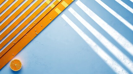 An abstract arrangement featuring orange stripes with small white spheres and a slice of orange against a blue background with diagonal light and shadow.