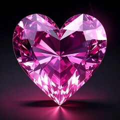 A heart-shaped, multi-faceted, brilliant-cut gemstone glows with pink and magenta hues against a dark background, reflecting light