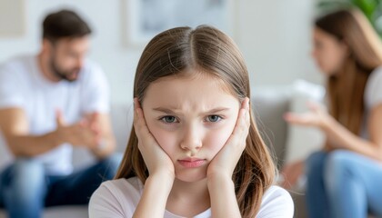 A young girl covers her ears, distressed, while parents argue in the background.