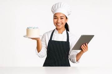 Smiling young female chef in white jacket and striped apron holding frosted cake on stand in one hand and digital tablet in other sweet bakery concept for online orders and dessert branding
