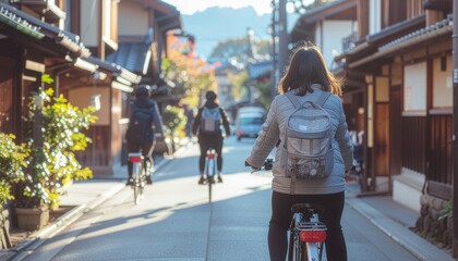 Three people ride bicycles on a street lined with traditional Japanese buildings on a sunny day.