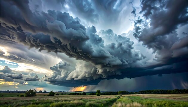 A dramatic landscape featuring massive, churning storm clouds dominating the horizon. Light streaks through the rain over the distant fields