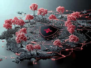 A stylized digital landscape features a central shield emblem surrounded by miniature pink trees and a network of glowing red lines connecting small gray nodes.