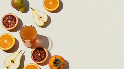 Fresh fruit arrangement including oranges pears and blood oranges a healthy and colorful food concept with a glass of juice isolated on white