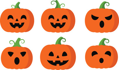 -Halloween pumpkin silhouettes, carved jack o lantern faces, spooky holiday decoration vector, scary expressions artwork, autumn seasonal design, horror festival illustration