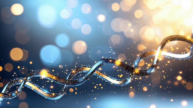 A close-up, abstract view of a double helix DNA strand adorned with shimmering golden particles against a blurred background of blue and gold bokeh lights.