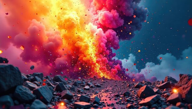 A vibrant explosion of color, depicting the chaotic beauty of destruction Shattered fragments and intense hues create a powerful visual statement , visual, intense