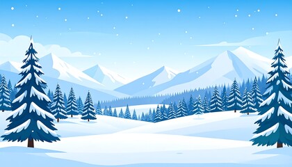 Winter landscape scene with snow-covered mountains and evergreen trees illustration