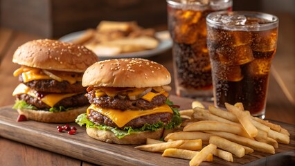 A mouthwatering display of double cheeseburgers, crispy fries, and refreshing cola drinks on a wooden board, capturing the classic american fast food experience