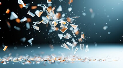 Sharp, geometric fragments of glass and metallic confetti are suspended in mid-air, creating a dynamic and abstract explosion.