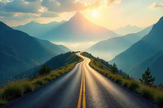 A winding road disappearing into a misty, sunlit mountain range, symbolizing an uncertain but hopeful future path ahead The journey is long, but the destination is promising , fog, unknown, sun