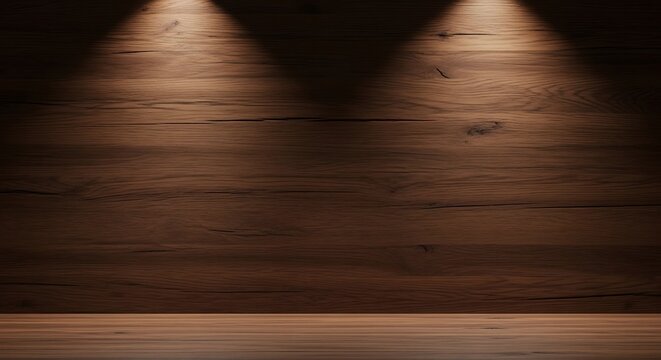 Dark wooden stage background with a textured wall and floor, lit by two spotlights for product display or presentation