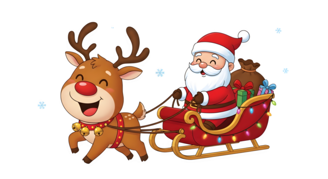 Santa Claus and reindeer in sleigh, isolated on transparent background