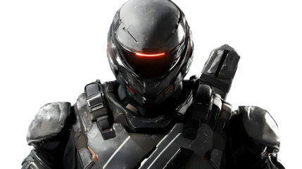 Closeup of a futuristic armored soldier or robot with a glowing red visor, representing advanced technology and military science fiction, isolated on transparent background