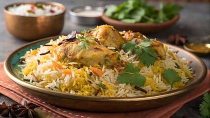 A flavorful chicken biryani dish served on a plate with rice, chicken, and spices, showcasing the rich culinary traditions of indian cuisine