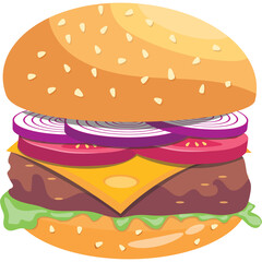 Stylized pixel art hamburger with sesame seed bun melted cheese beef patty lettuce tomato and red onion slices on a transparent background