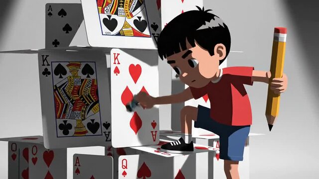 Boy balancing on playing cards while holding pencil