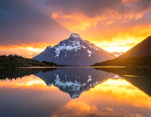 A majestic mountain peak with snow-capped tops reflects perfectly in the still water of a lake at sunrise. Fiery clouds fill the sky