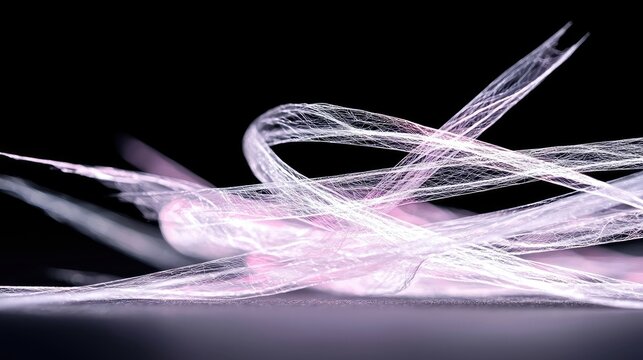 Delicate, translucent strands of white and pink material twist and flow against a stark black background, creating an abstract and ethereal composition.
