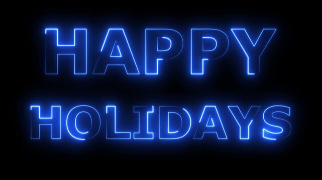 Happy holidays greetings whit white and silver text on blue background.Snow slowly falling in the background