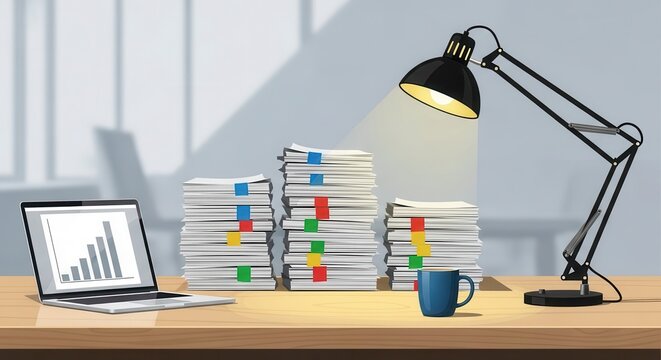Illuminated stacks of documents sit beside a modern laptop displaying growth statistics and a beverage on a wooden desk