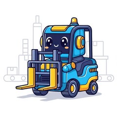Naklejka premium Cartoon automated materials handling machine displays a cheerful expression in a warehouse setting