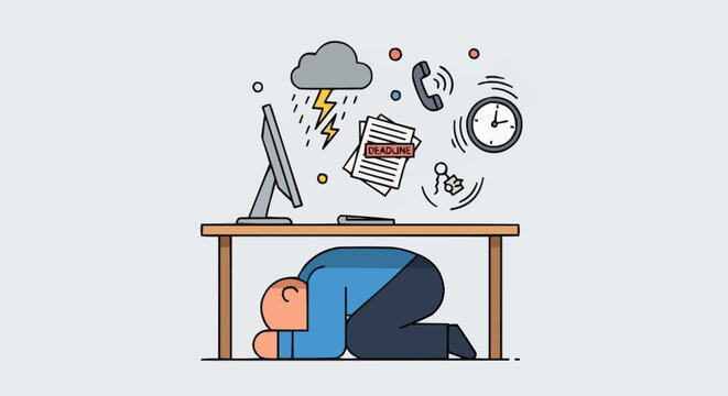 Overwhelmed businessman hiding under desk from work stress and deadlines.