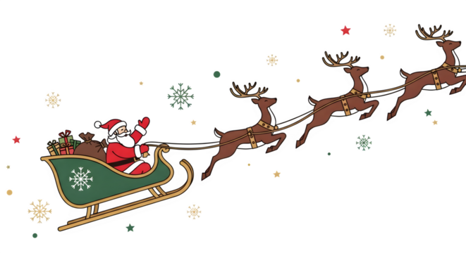 Santa’s Sleigh with Reindeer, isolated on transparent background
