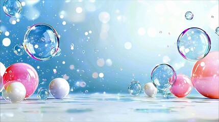 A collection of translucent spheres and bubbles of various sizes and colors, floating and resting on a reflective surface, against a soft blue background.