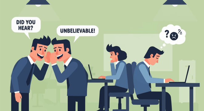 Gossipers whispering secrets while others work in the office.