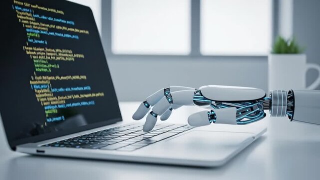 Robotic arm typing code on laptop keyboard showcases the future of technology