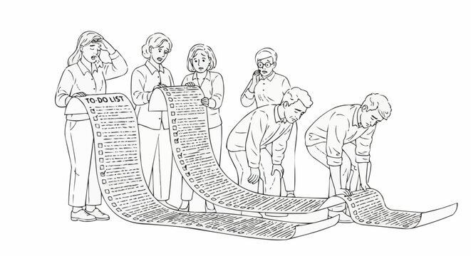 A group of people looking overwhelmed by an impossibly long list.