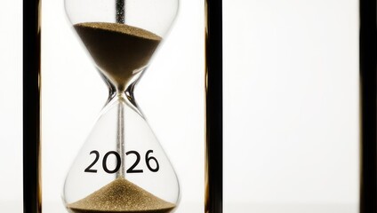 Hourglass with 2026 marking symbolizing time passing towards the future.