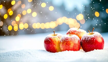 雪の上に並ぶりんごと冬の飾り / Red apples on snow with festive lights and evergreen branches