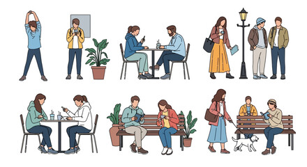 people engaged in diverse daily activities exercising using phones reading socializing in casual urban and cafe settings.