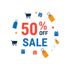 50 Percent Off Sale Banner with Shopping and Discount Icons, black  friday design concept