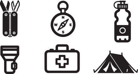 Camping Adventure Icon Set &ndash; Outdoors, Hiking & Nature Elements
Minimalist Wilderness Icons &ndash; Camping, Mountains, Compass & Fire
Outdoor Survival Line Art &ndash; Boots, Tent, Knife & Campfire Designs