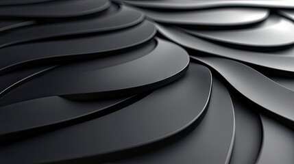 A close-up, abstract view of overlapping, curved, dark gray metallic shapes forming a flowing pattern with highlights and shadows.