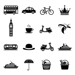 Iconic London symbols collection featuring transportation, landmarks, and cultural elements for vibrant design projects