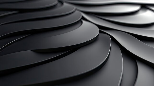 A close-up, abstract view of overlapping, curved, dark gray metallic shapes forming a flowing pattern with highlights and shadows.