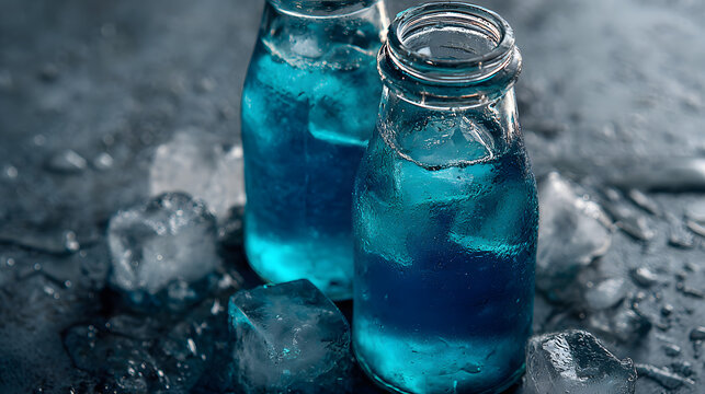 Blue drink in glass bottle with ice cubes on gray background and empty space for text. Cafe drink menu background illustration. - Powered by Adobe