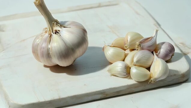 High resolution 4K footage of whole and peeled garlic rotating on a chopping board from top view highlighting textures culinary ingredients and professional kitchen preparation for stock footage