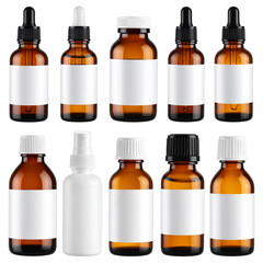 Cosmetic and Medical Bottles Array: A neatly arranged collection of amber glass bottles, with customizable blank labels, providing versatile options for packaging cosmetics, medical products.