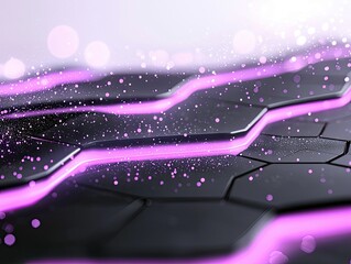 A dark, textured surface with geometric patterns is illuminated by vibrant pink lines and scattered light particles, creating a futuristic and dynamic visual.