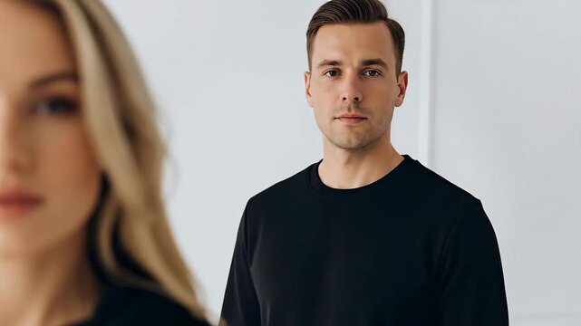 4k close-up of a serious young man in a black sweater standing confidently against a clean white background with a partially blurred blonde woman, conveying a calm mood.