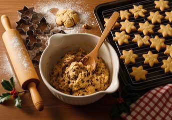 Festive holiday baking scene with cookie dough, a rolling pin, and star-shaped cookies on a cooling rack.