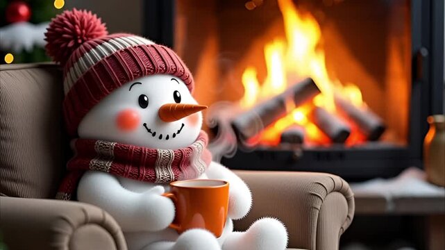 Cozy animated snowman relaxing by the warm fireplace with hot cocoa, perfect for holiday cheer and festive winter moments indoors