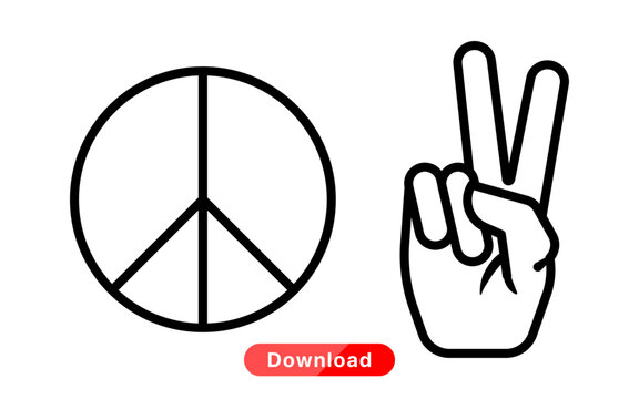 This image features a peace symbol alongside a hand making the victory sign, perfect for various design projects. Minimalist Peace Symbol and Victory Hand Gesture Line Icons