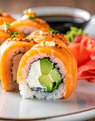 Close-up of a sushi roll with salmon on top, avocado, and cream cheese, served with ginger and soy sauce